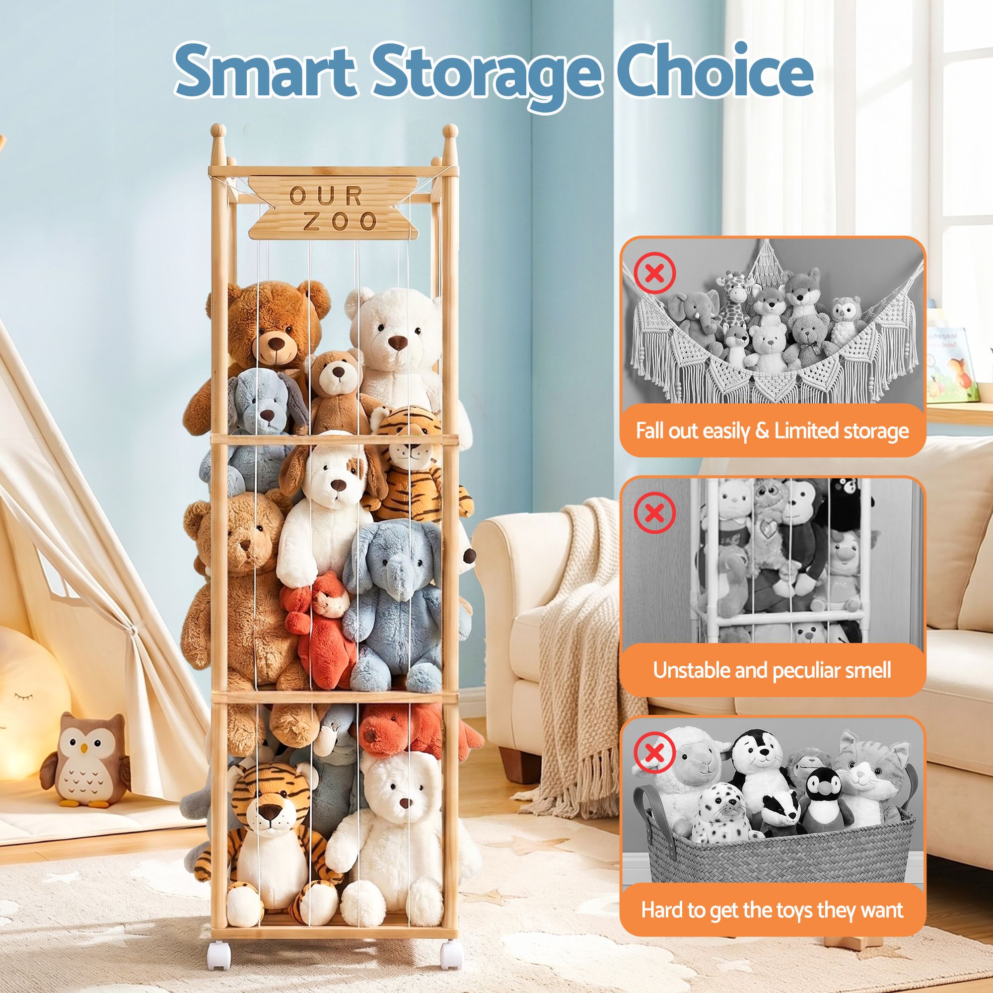 Keezi Stuffed Animal Storage Wooden Toy Holder with Wheels Soft Toy Storage Zoo Cage Stuffy Toy Storage Organizers with Elastic Cords for Playroom Bedroom Nursery