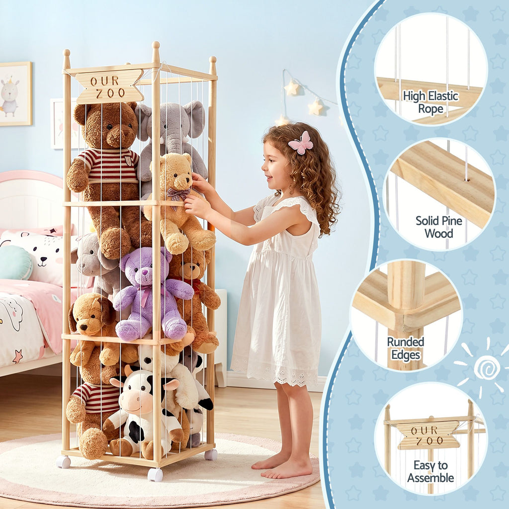 Keezi Stuffed Animal Storage Wooden Toy Holder with Wheels Soft Toy Storage Zoo Cage Stuffy Toy Storage Organizers with Elastic Cords for Playroom Bedroom Nursery