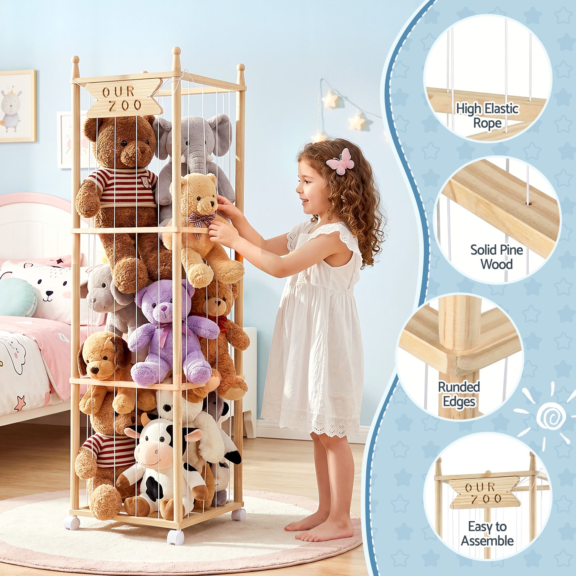 Keezi Stuffed Animal Storage Wooden Toy Holder with Wheels Soft Toy Storage Zoo Cage Stuffy Toy Storage Organizers with Elastic Cords for Playroom Bedroom Nursery