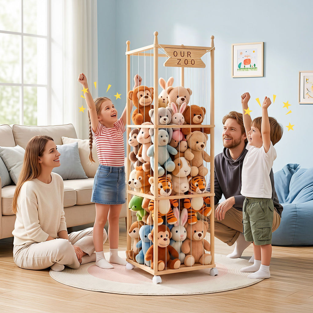 Keezi Stuffed Animal Storage Wooden Toy Holder with Wheels Soft Toy Storage Zoo Cage Stuffy Toy Storage Organizers with Elastic Cords for Playroom Bedroom Nursery
