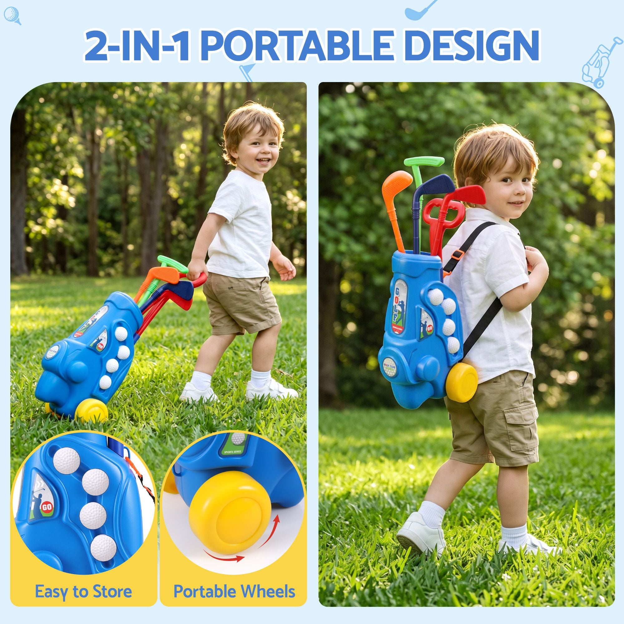Keezi Kids Golf Set Toddler Club Set Pull Cart Indoor Outdoor Backyard Mini Toy Ages 2-6