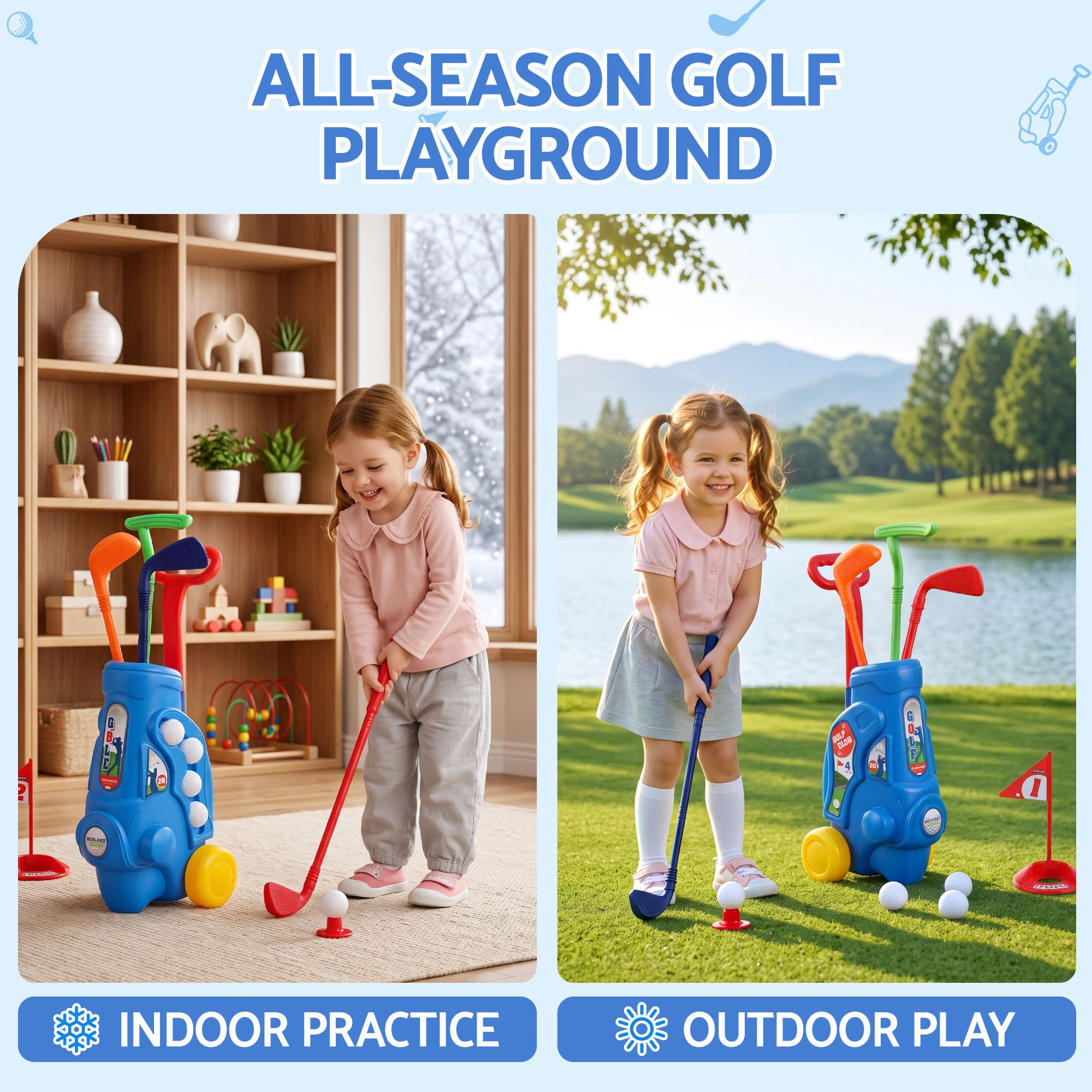 Keezi Kids Golf Set Toddler Club Set Pull Cart Indoor Outdoor Backyard Mini Toy Ages 2-6