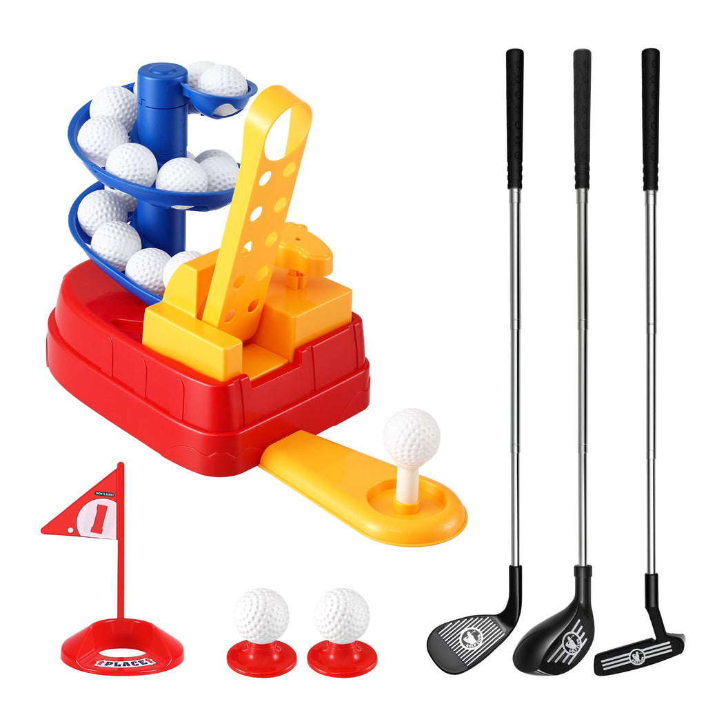 Keezi Kids Golf Toy Set with 20 Balls & 3 Adjustable Clubs, Foot Pedal Ball Launcher Portable Training Toy, Indoor Outdoor Backyard Sports Game for Ages 3-8