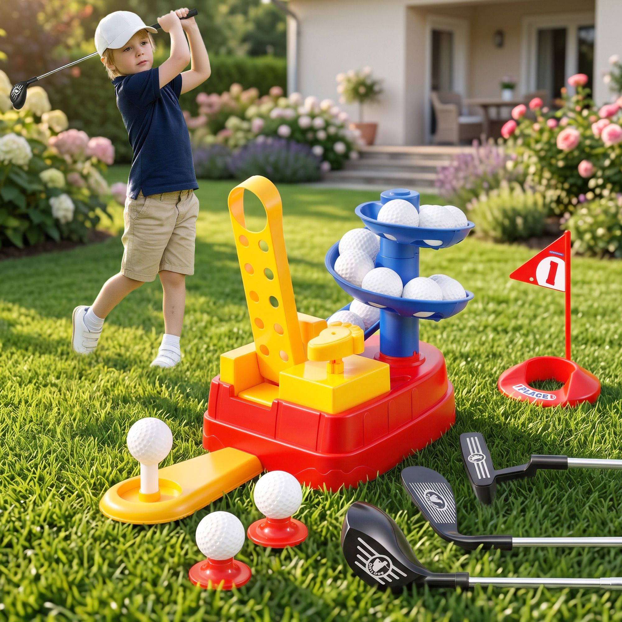 Keezi Kids Golf Toy Set with 20 Balls & 3 Adjustable Clubs, Foot Pedal Ball Launcher Portable Training Toy, Indoor Outdoor Backyard Sports Game for Ages 3-8