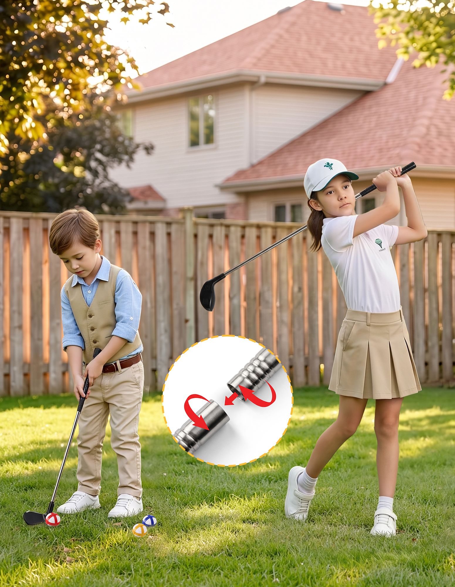 Keezi Kids Golf Chipping Game Set with Stand, 24 Sticky Balls, Adjustable Club & 2 Hitting Mats for Indoor Outdoor Ages 3-12 Play