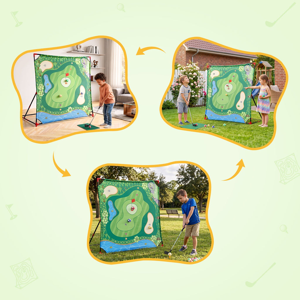 Keezi Kids Golf Chipping Game Set with Stand, 24 Sticky Balls, Adjustable Club & 2 Hitting Mats for Indoor Outdoor Ages 3-12 Play