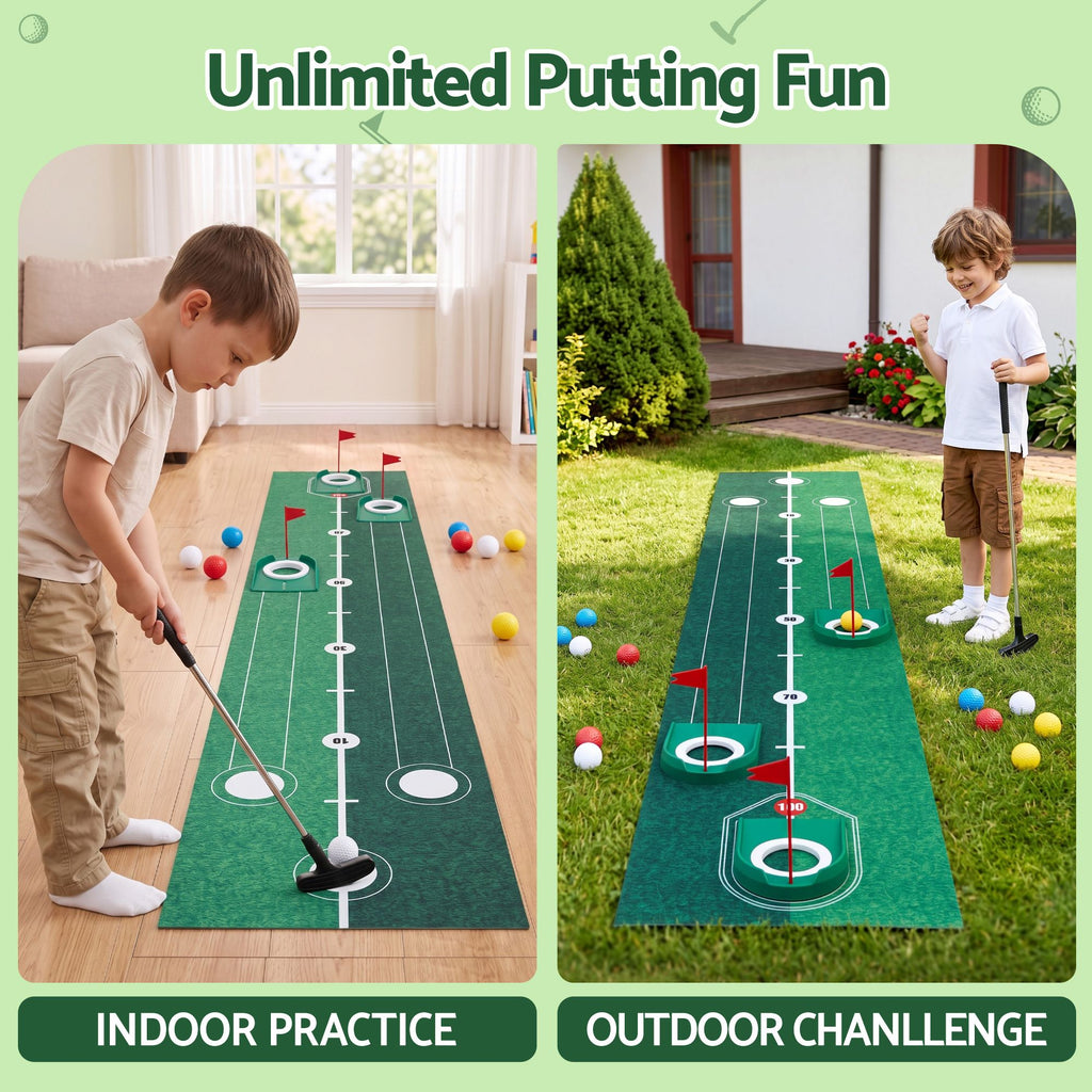 Keezi Kids Golf Putting Game Set with Golf Club, Putting Mat, 12 Balls, 3 Target Holes, Indoor Outdoor Mini Golf Toy for Ages 3-8