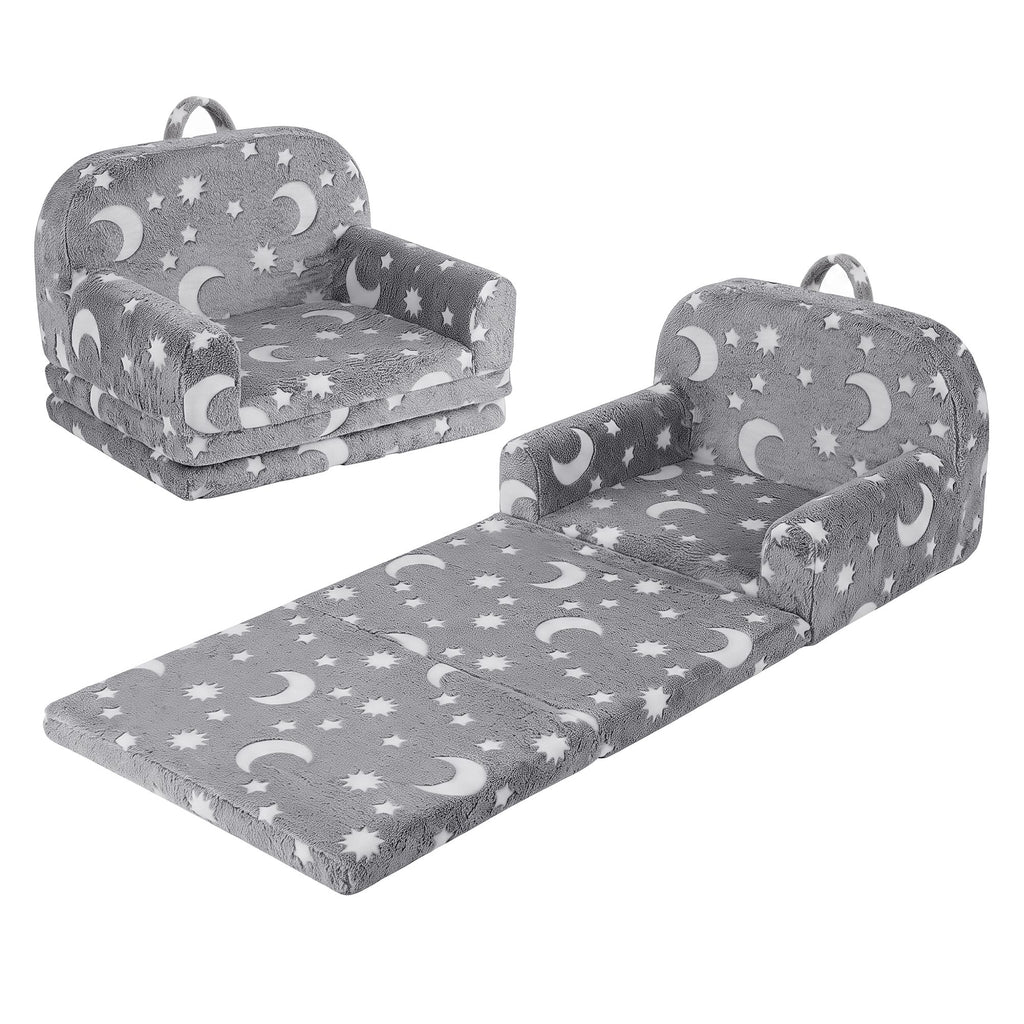Keezi Kids 2-in-1 Fold Out Sofa Bed with Removable Washable Cover, Carry Handle, Storage Pocket, Glow in the Dark, Grey