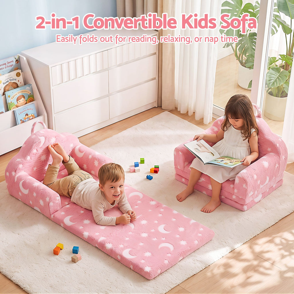 Keezi Kids 2-in-1 Fold Out Sofa Bed with Removable Washable Cover, Carry Handle, Storage Pocket, Glow in the Dark, Pink