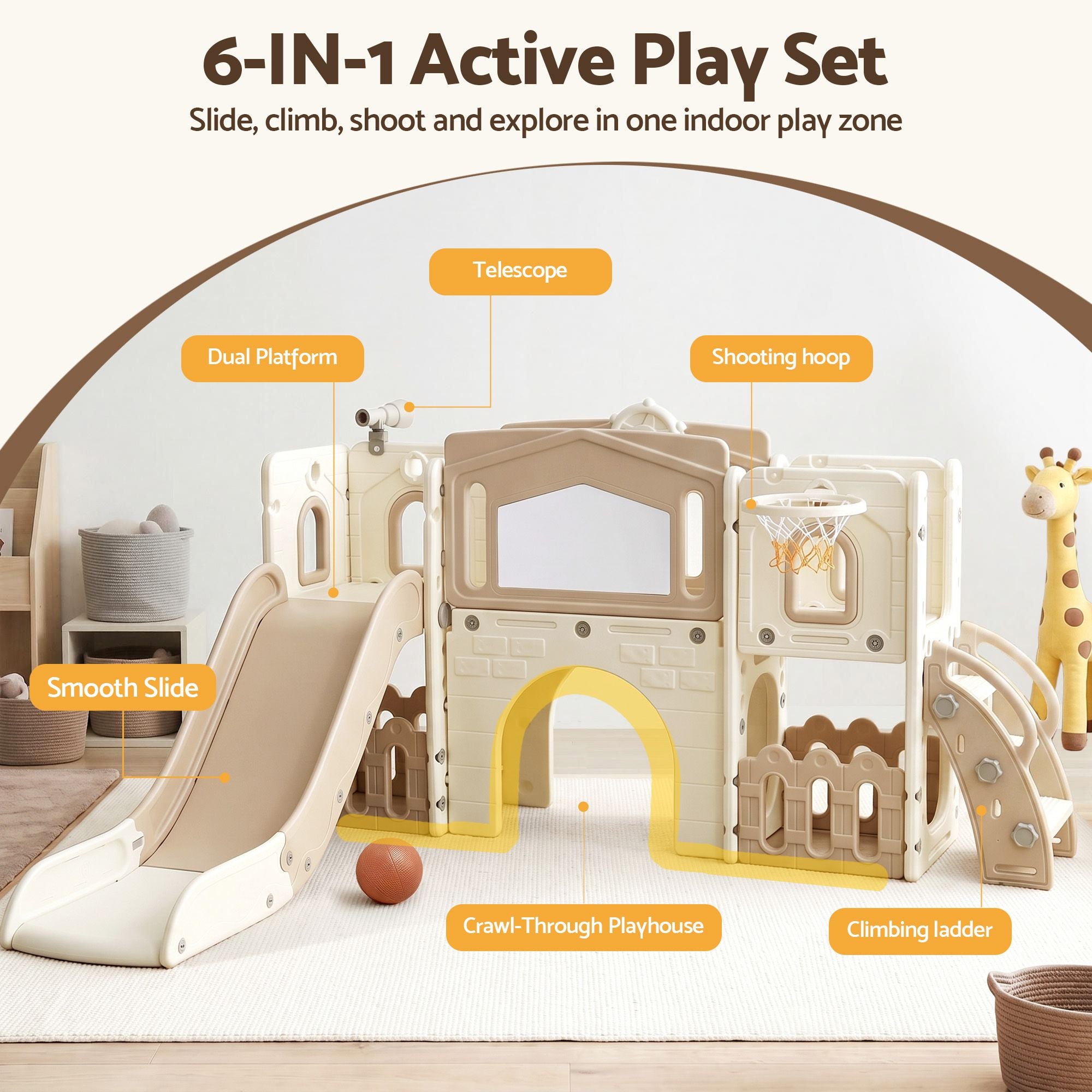 Keezi Kids Slide Set Toddler Indoor Playset With Drawing Board Beige