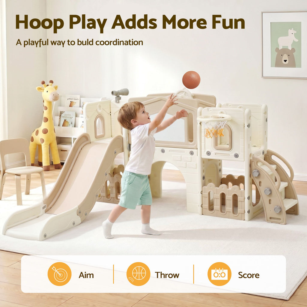 Keezi Kids Slide Set Toddler Indoor Playset With Drawing Board Beige
