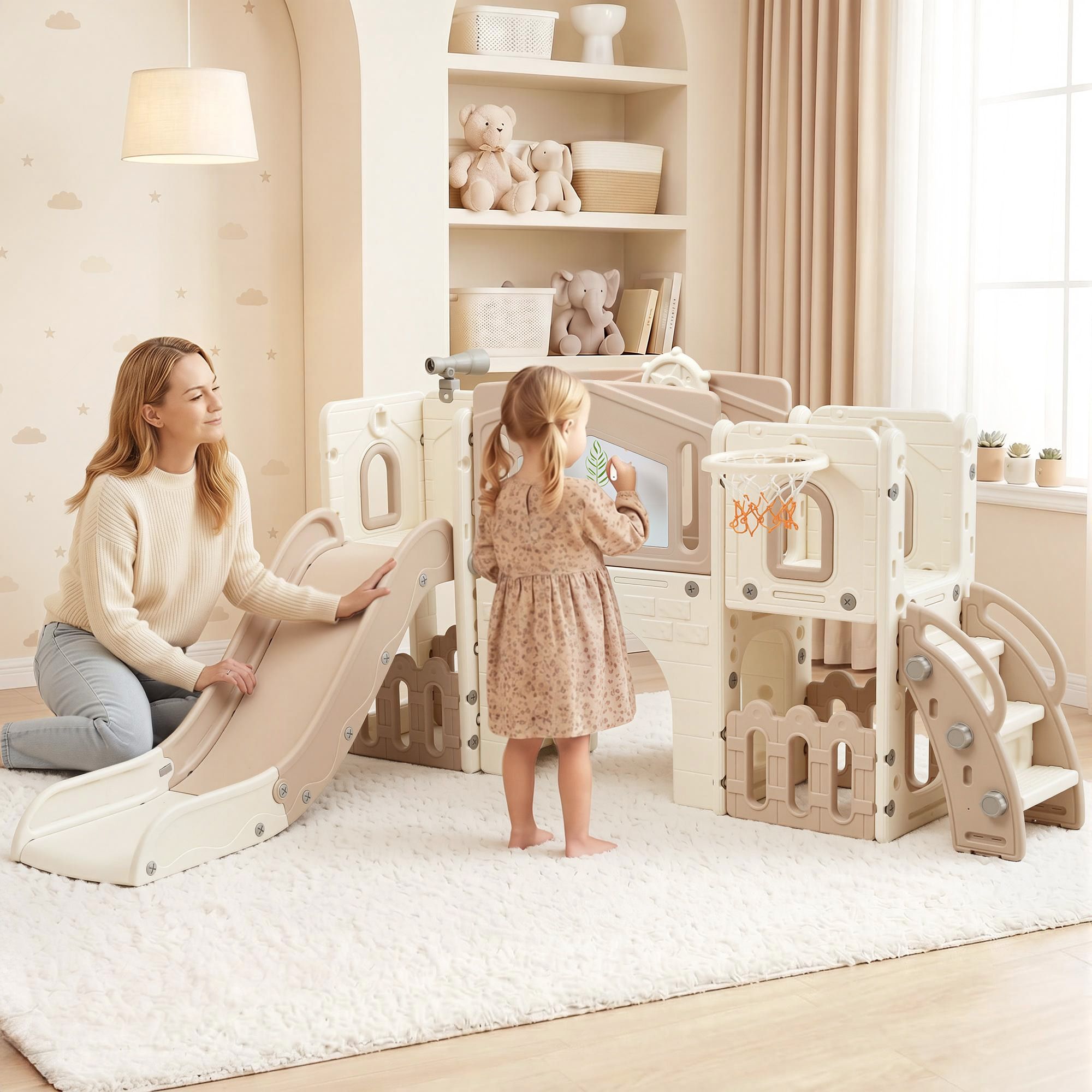 Keezi Kids Slide Set Toddler Indoor Playset With Drawing Board Beige