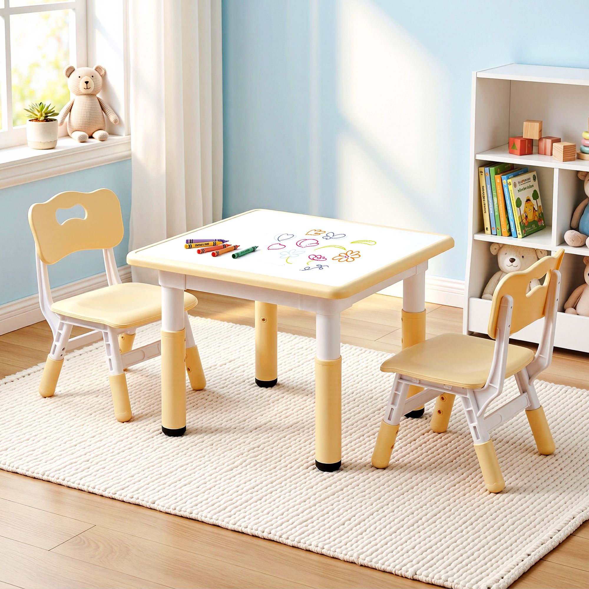 Keezi Kids Table and 2 Chairs Set Height Adjustable Toddler Desk and Chair Set for Ages 3-8, Activity Table with Graffiti Desktop for Learning Drawing Playing, Yellow
