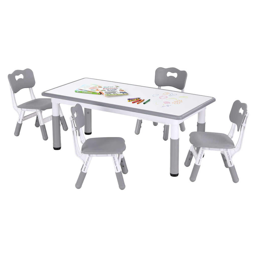Keezi Kids Table and 4 Chairs Set Height Adjustable Toddler Desk and Chair Set for Ages 3-8, Children Activity Table with Graffiti Desktop for Learning Drawing Playing, Grey