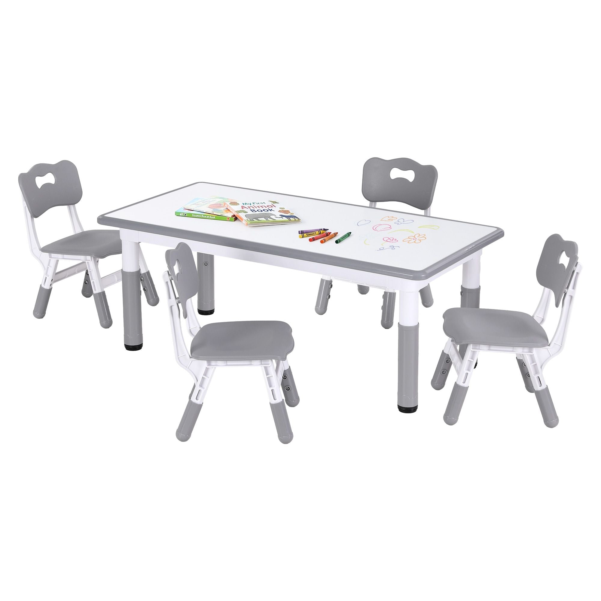 Keezi Kids Table and 4 Chairs Set Height Adjustable Toddler Desk and Chair Set for Ages 3-8, Children Activity Table with Graffiti Desktop for Learning Drawing Playing, Grey