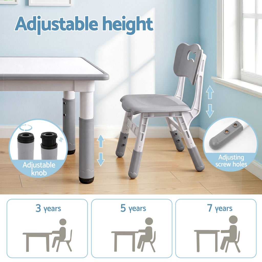 Keezi Kids Table and 4 Chairs Set Height Adjustable Toddler Desk and Chair Set for Ages 3-8, Children Activity Table with Graffiti Desktop for Learning Drawing Playing, Grey
