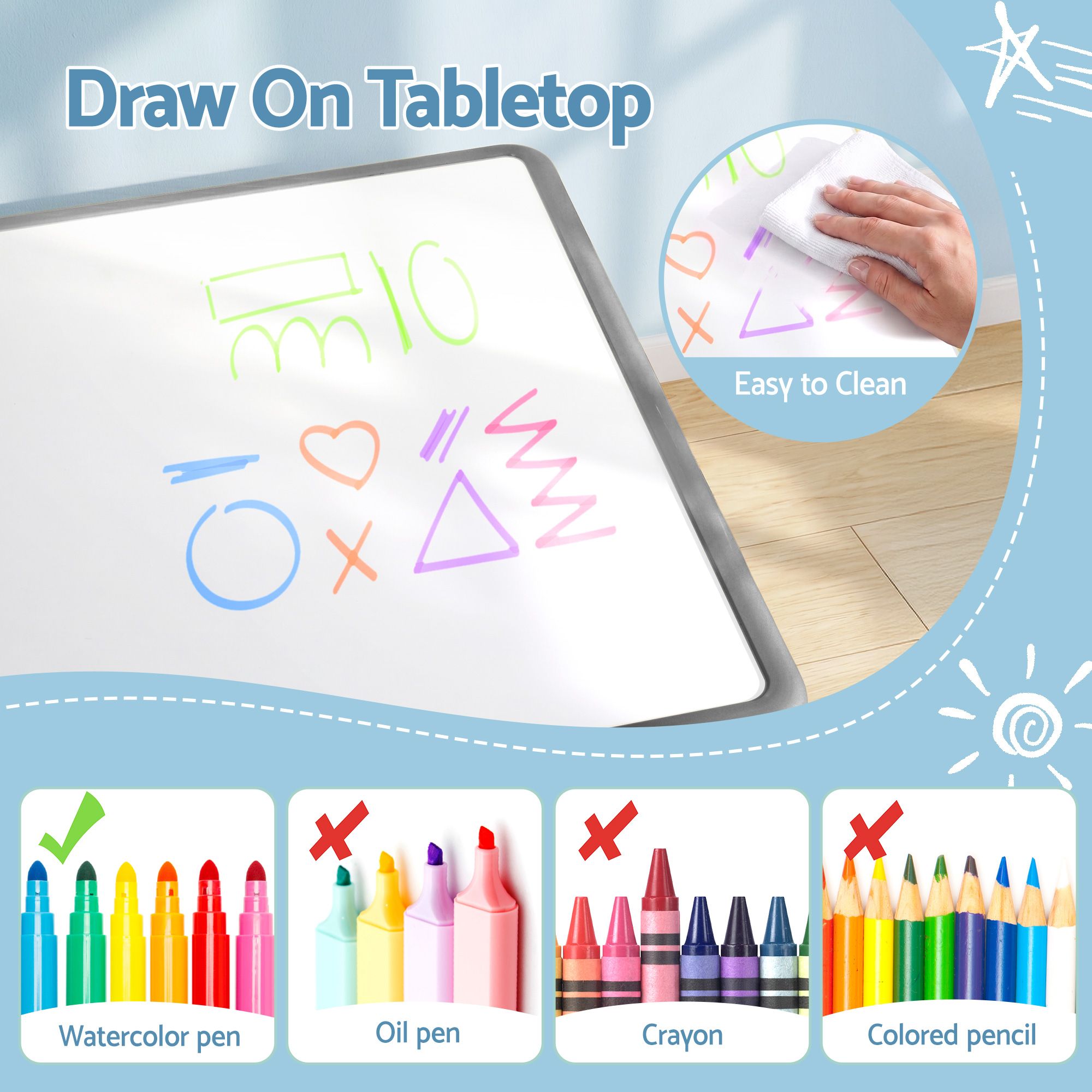 Keezi Kids Table and 4 Chairs Set Height Adjustable Toddler Desk and Chair Set for Ages 3-8, Children Activity Table with Graffiti Desktop for Learning Drawing Playing, Grey