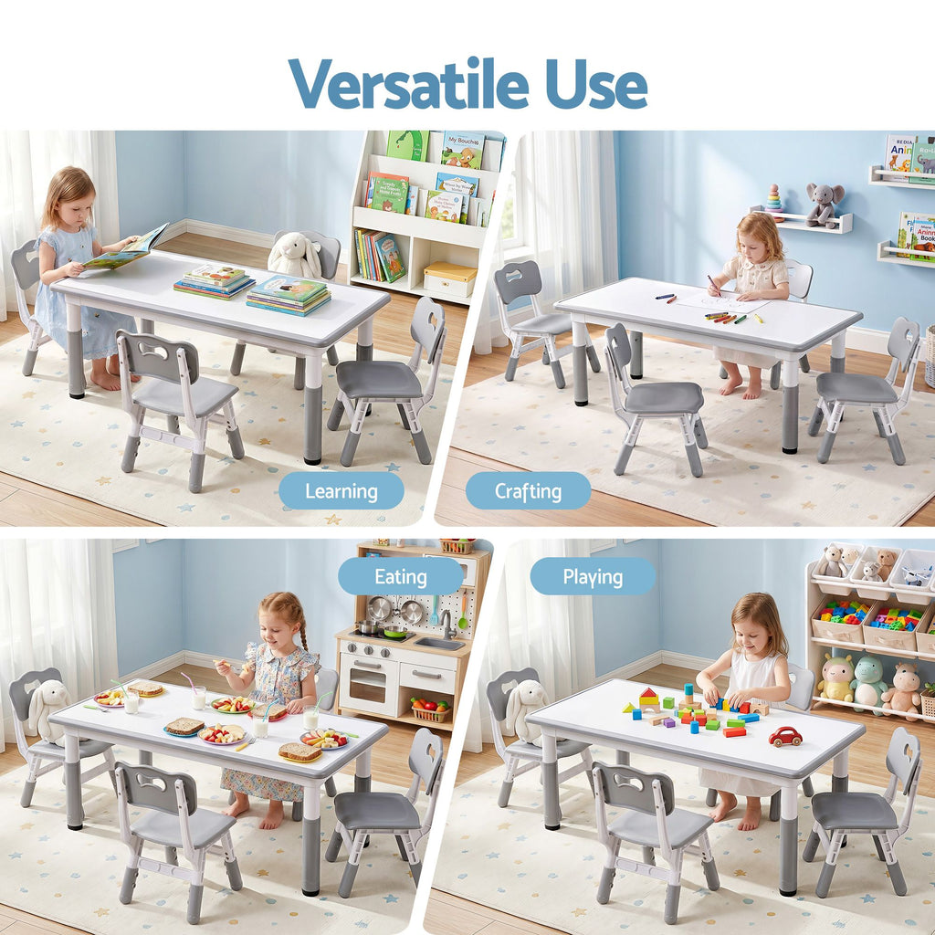 Keezi Kids Table and 4 Chairs Set Height Adjustable Toddler Desk and Chair Set for Ages 3-8, Children Activity Table with Graffiti Desktop for Learning Drawing Playing, Grey