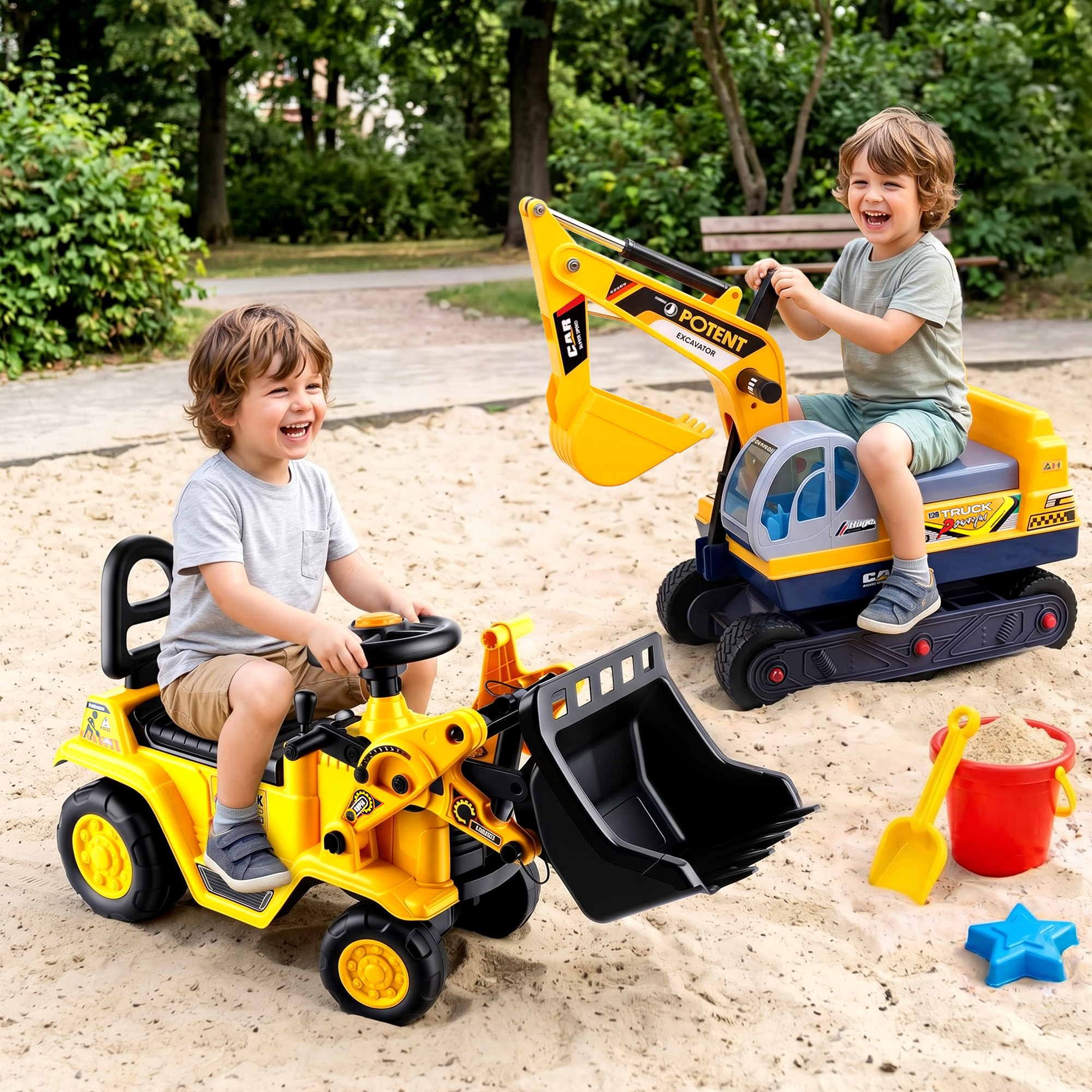 Keezi Kids Ride On Toy Car Bulldozer and Digger with Helmet Outdoor Sandpit Toys Yellow