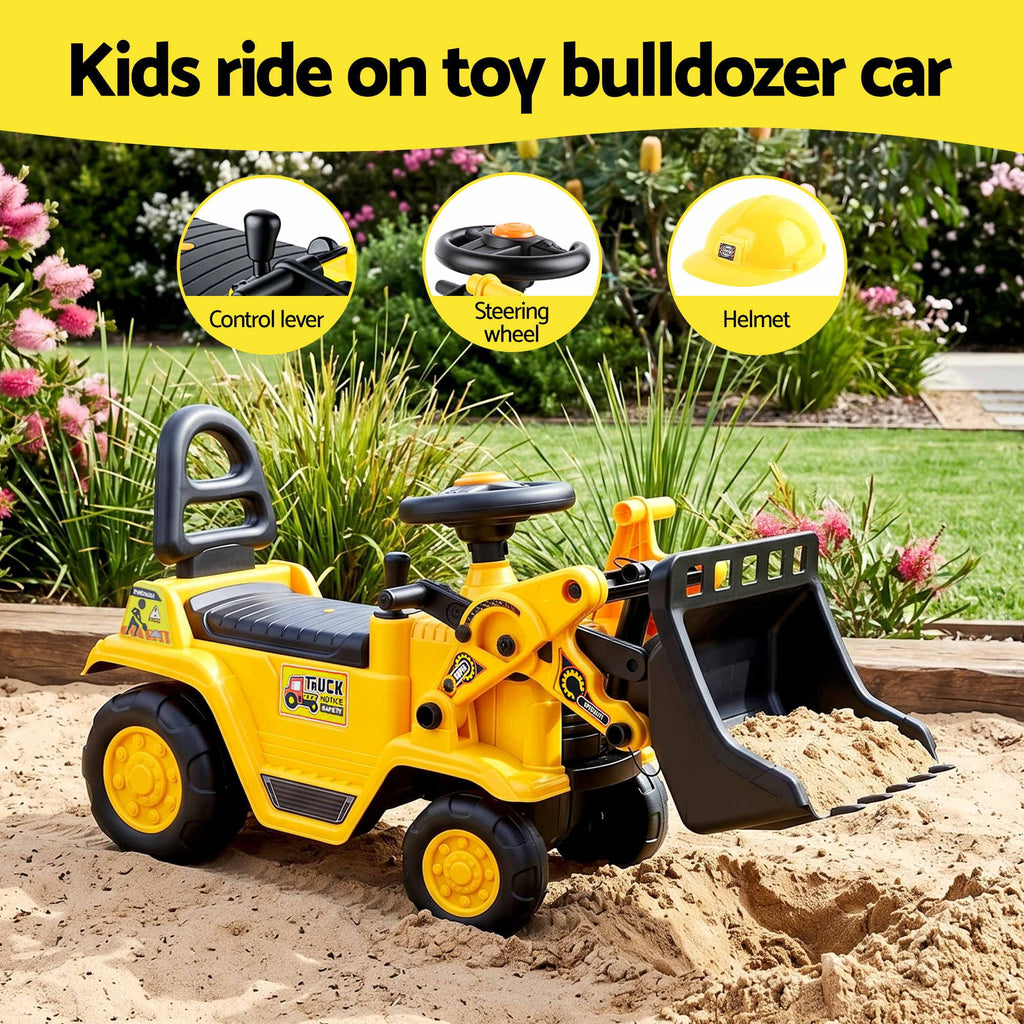Keezi Kids Ride On Toy Car Bulldozer and Digger with Helmet Outdoor Sandpit Toys Yellow
