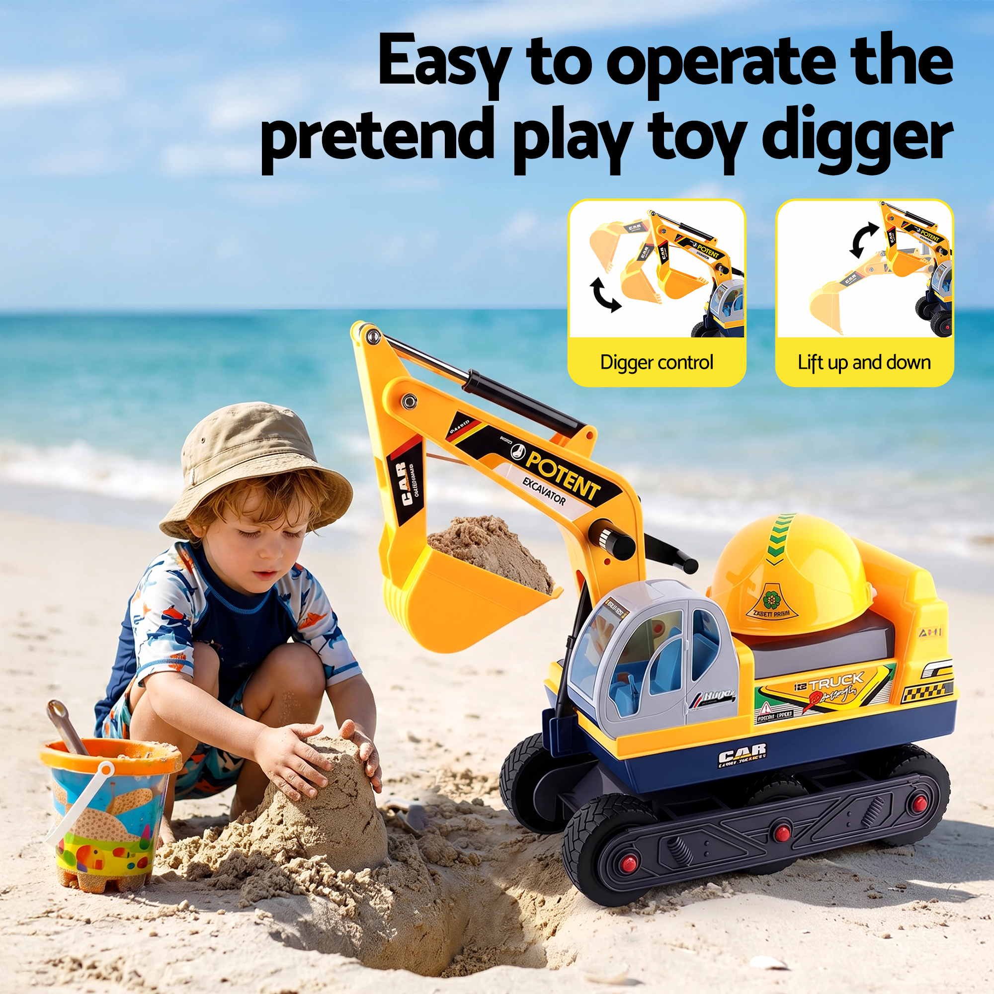 Keezi Kids Ride On Toy Car Bulldozer and Digger with Helmet Outdoor Sandpit Toys Yellow