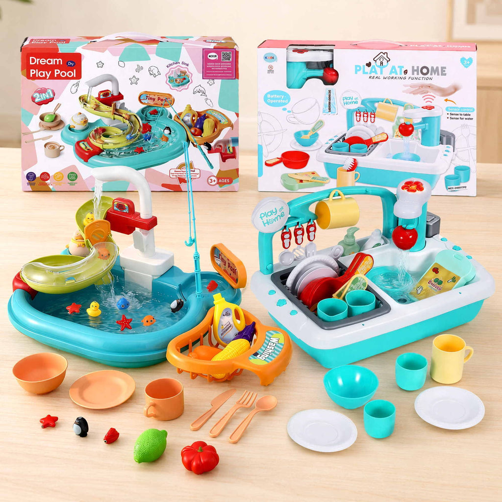 Keezi Kids Pretend Kitchen Sink and Water Playset Fishing Game Toys Play food