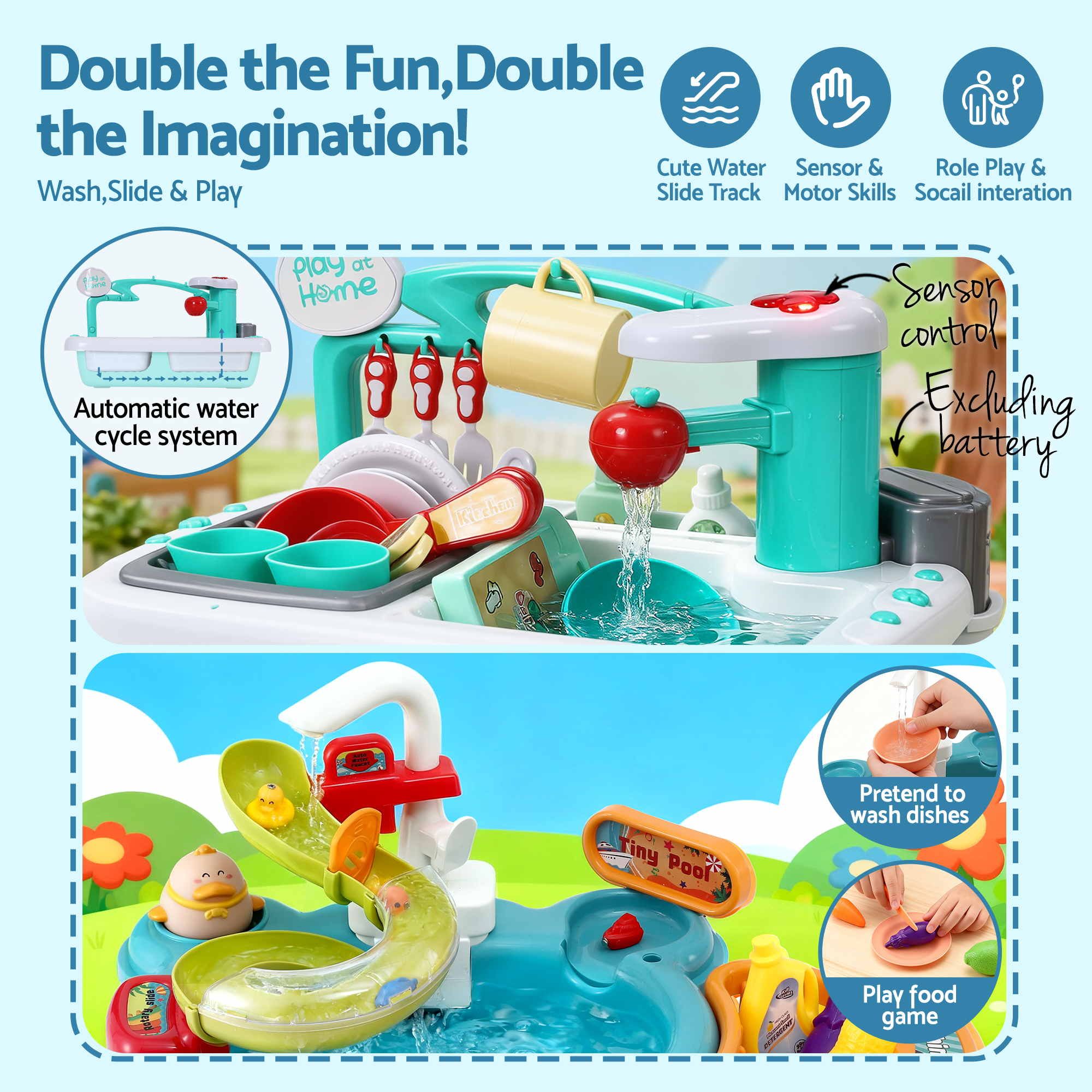 Keezi Kids Pretend Kitchen Sink and Water Playset Fishing Game Toys Play food