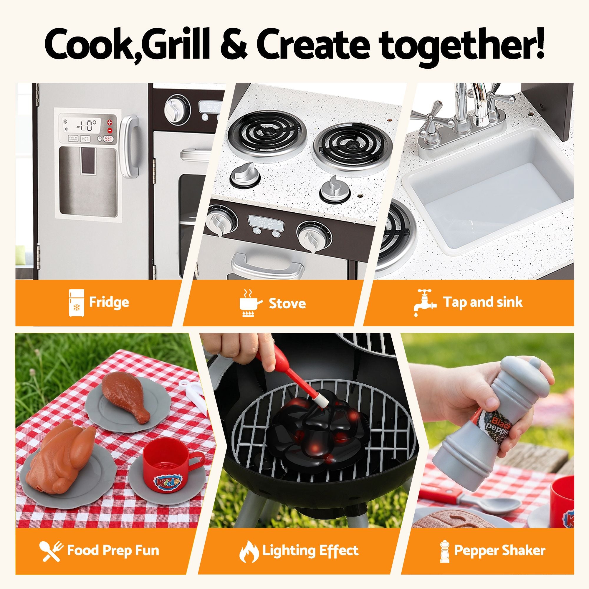 Keezi Kids Kitchen Playset BBQ Grill Toy with Wooden Pretend Play Set 80cm