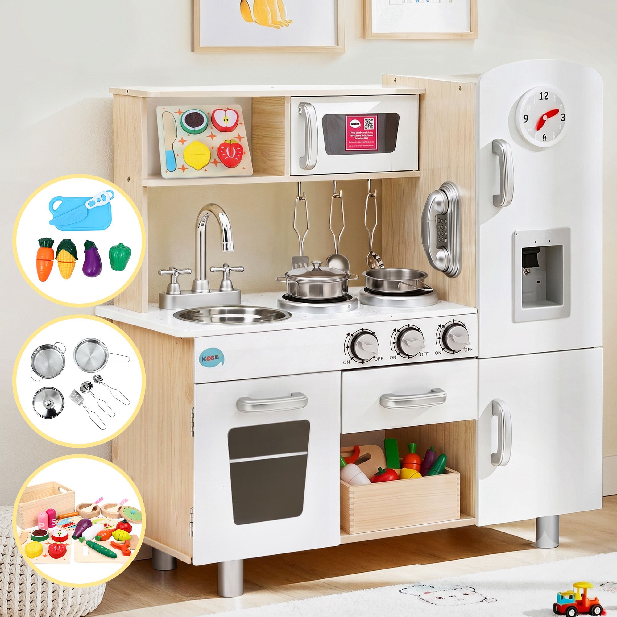 Keezi Kids Wooden Pretend Kitchen Playset with 29pc Cutting Food Set