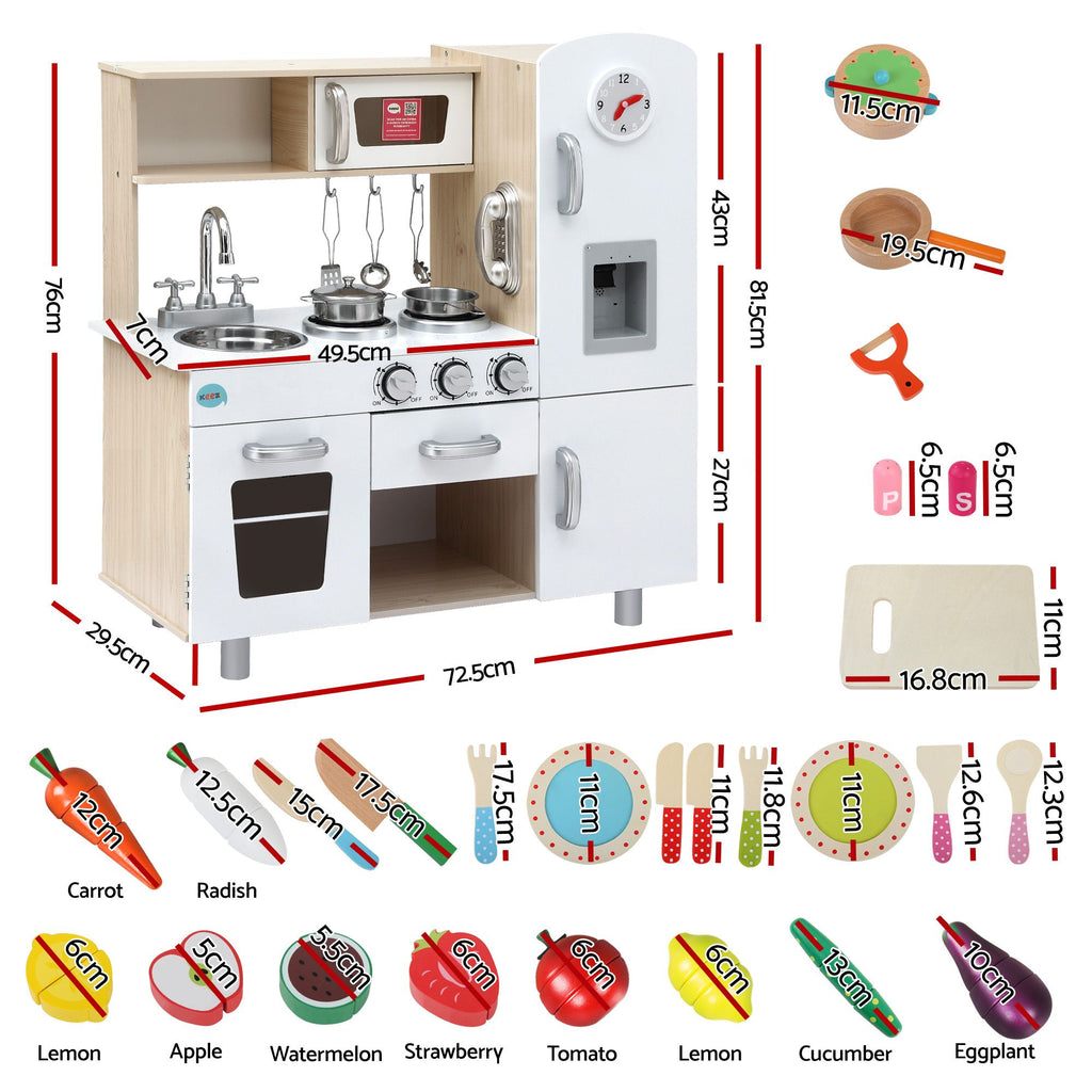 Keezi Kids Wooden Pretend Kitchen Playset with 29pc Cutting Food Set