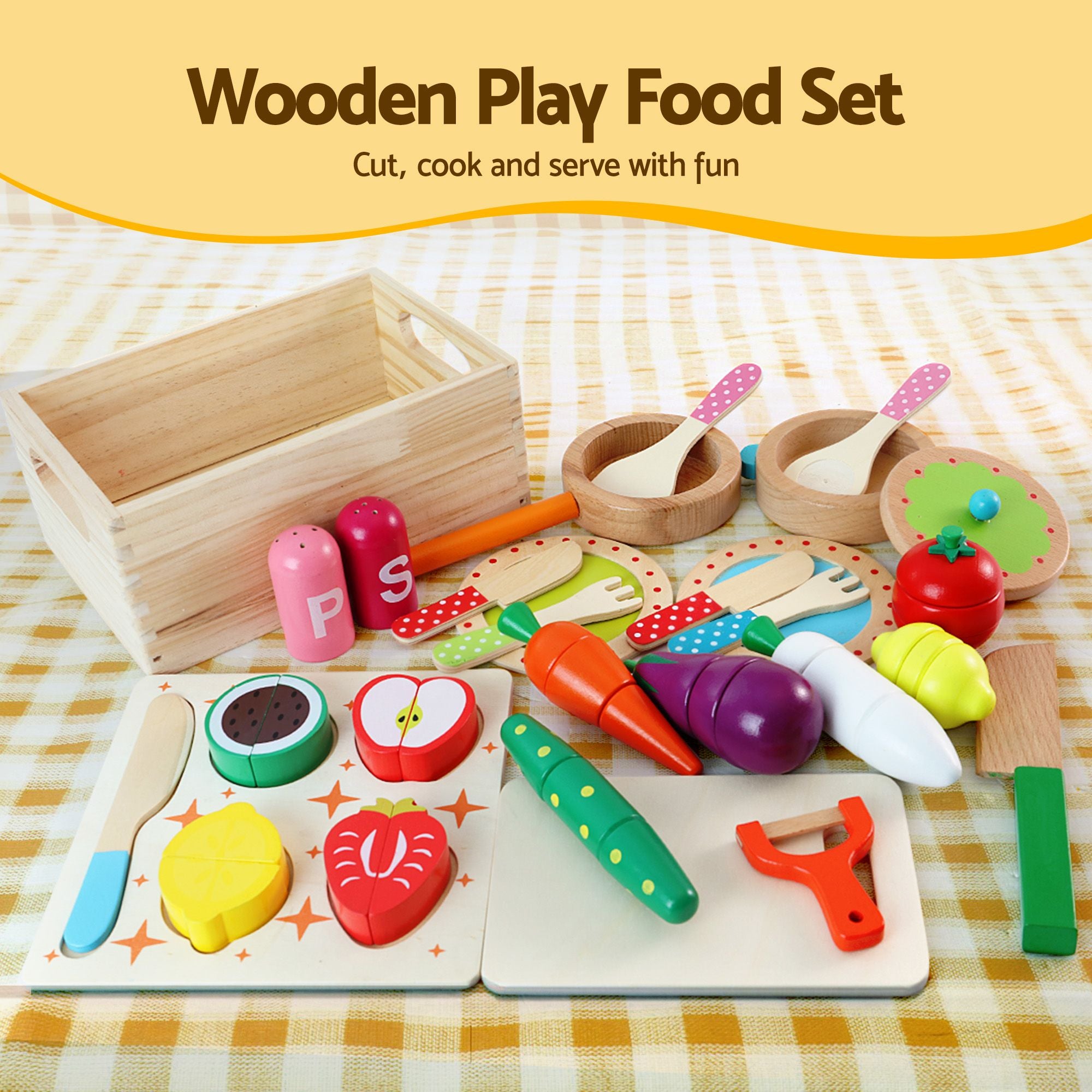 Keezi Kids Wooden Pretend Kitchen Playset with 29pc Cutting Food Set