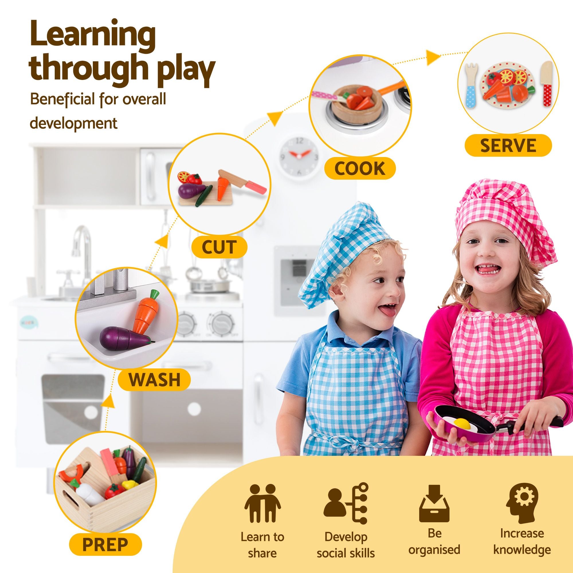 Keezi Kids Wooden Pretend Kitchen Playset with 29pc Cutting Food Set