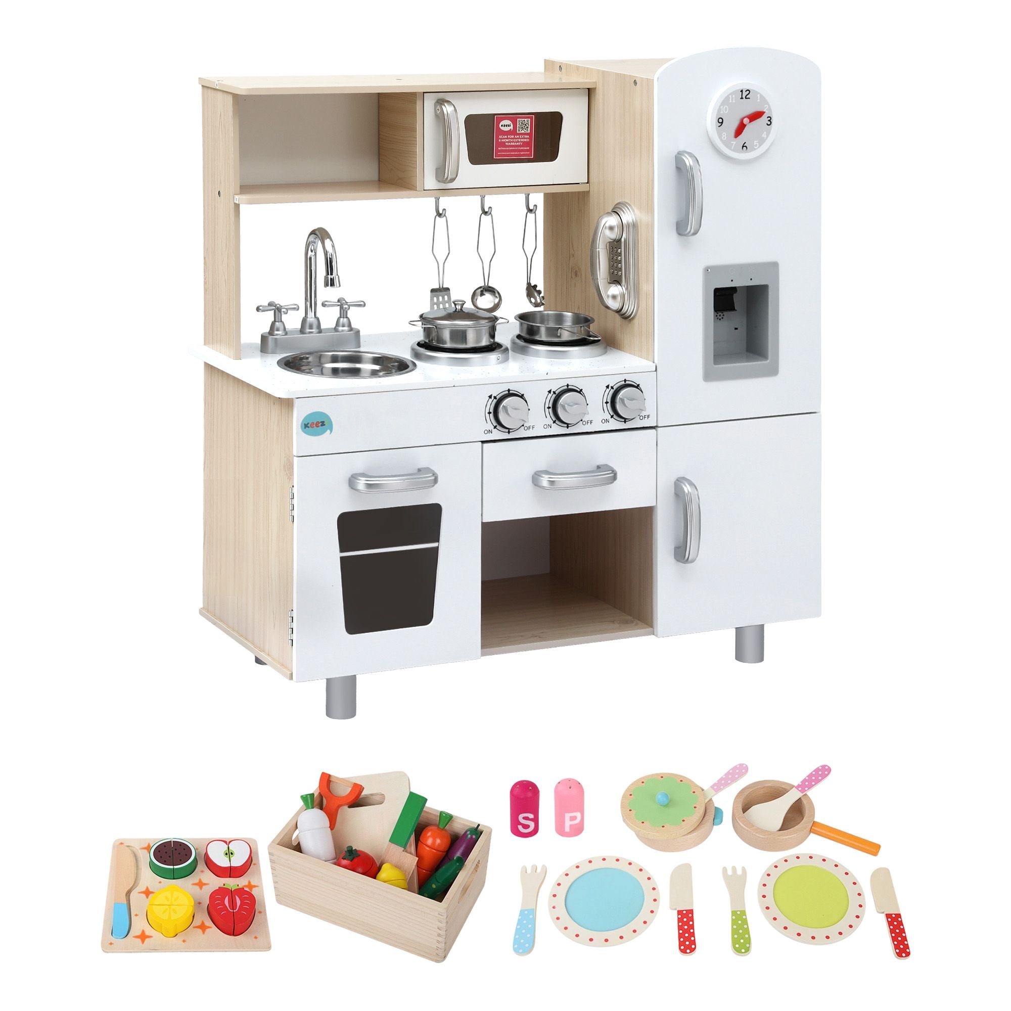 Keezi Kids Wooden Pretend Kitchen Playset with 29pc Cutting Food Set