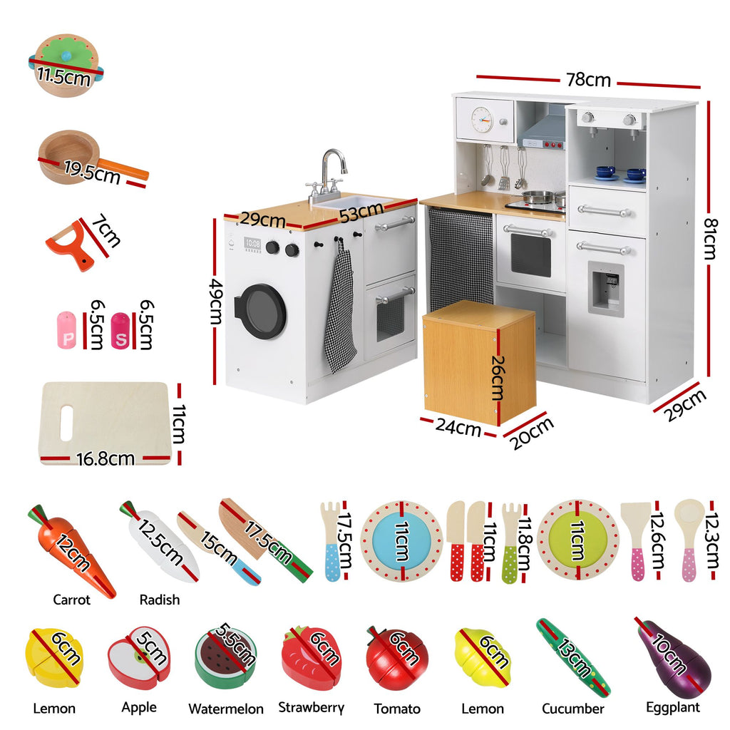 Keezi Kids Wooden Kitchen Playset 2-piece Pretend Toy Kitchen 29pc Food Set