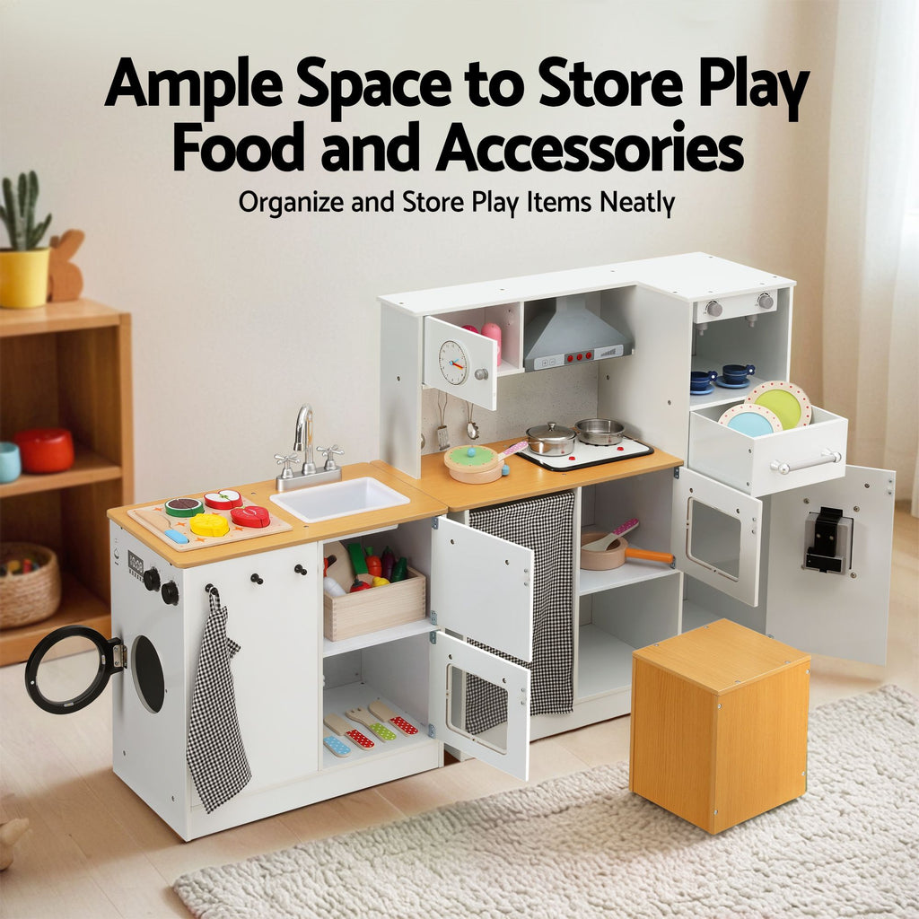 Keezi Kids Wooden Kitchen Playset 2-piece Pretend Toy Kitchen 29pc Food Set