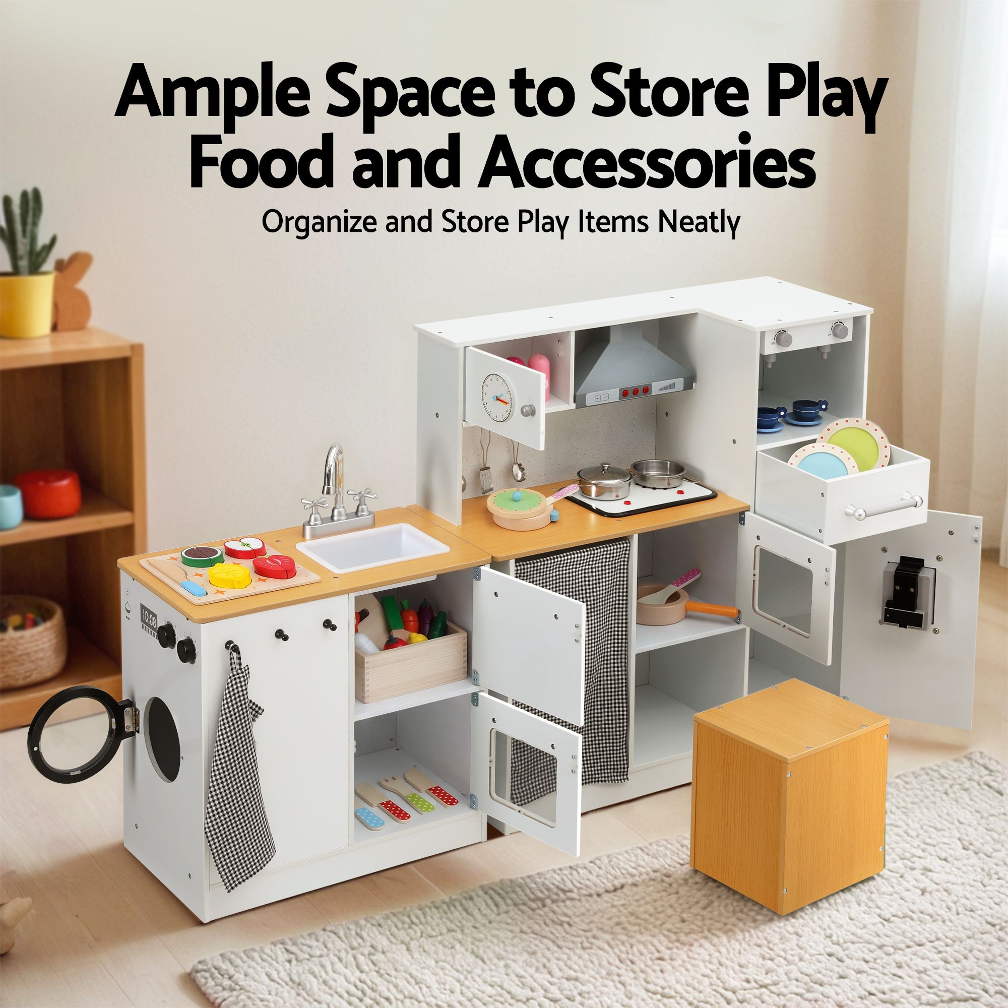 Keezi Kids Wooden Kitchen Playset 2-piece Pretend Toy Kitchen 29pc Food Set