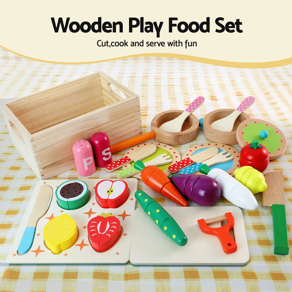 Keezi Kids Wooden Kitchen Playset 2-piece Pretend Toy Kitchen 29pc Food Set