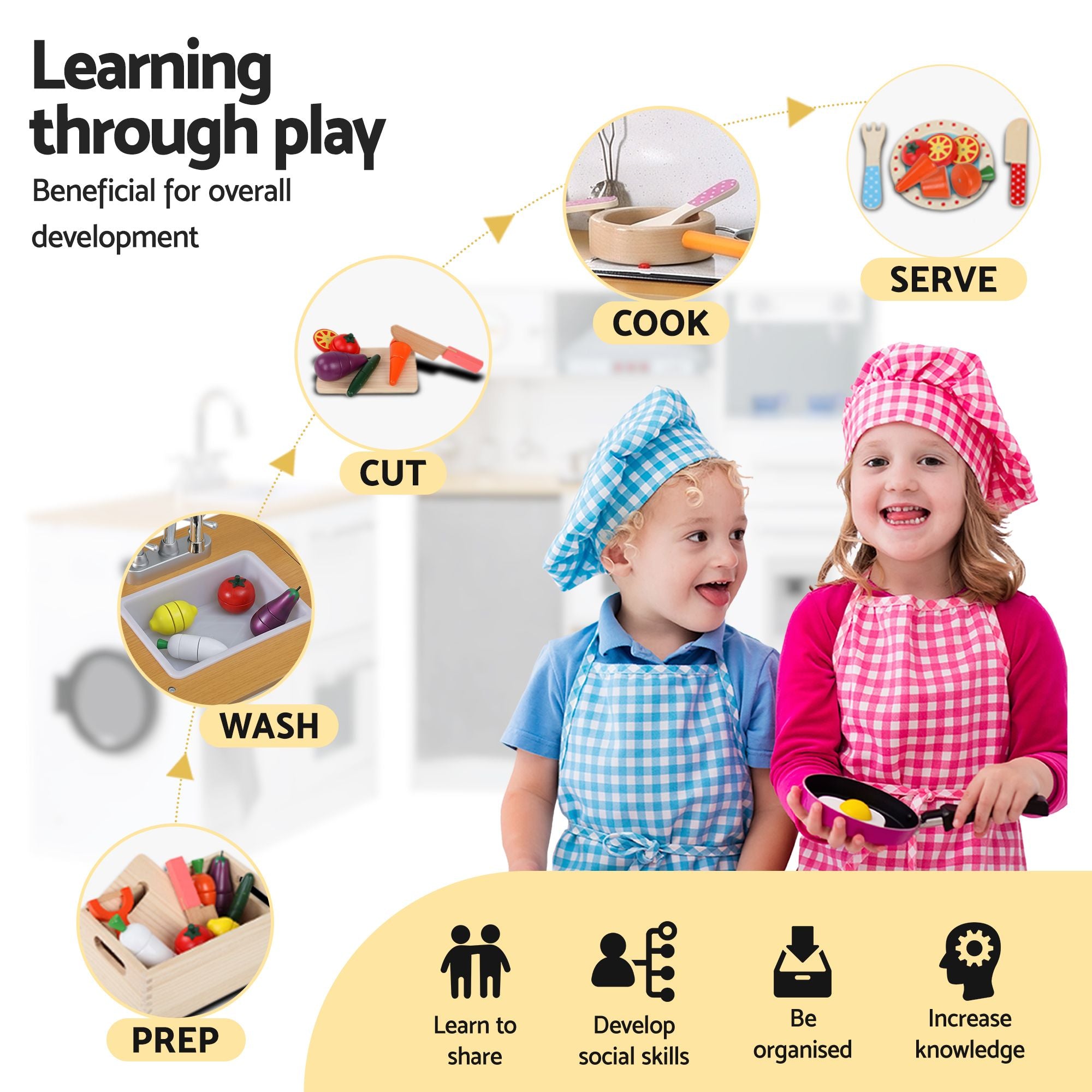 Keezi Kids Wooden Kitchen Playset 2-piece Pretend Toy Kitchen 29pc Food Set