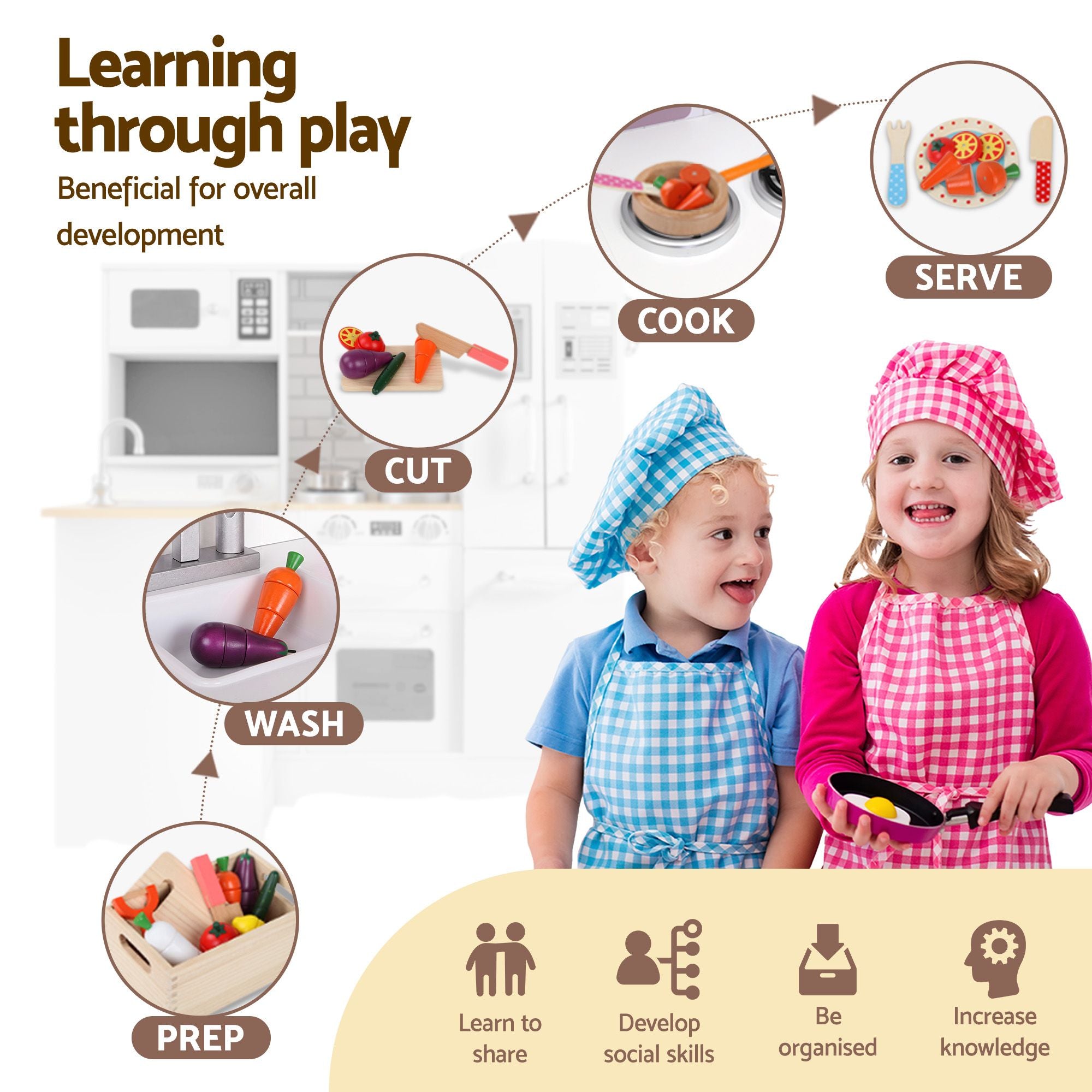 Keezi Kids Wooden Toy Kitchen with 29pc Play Food and Cookware Set