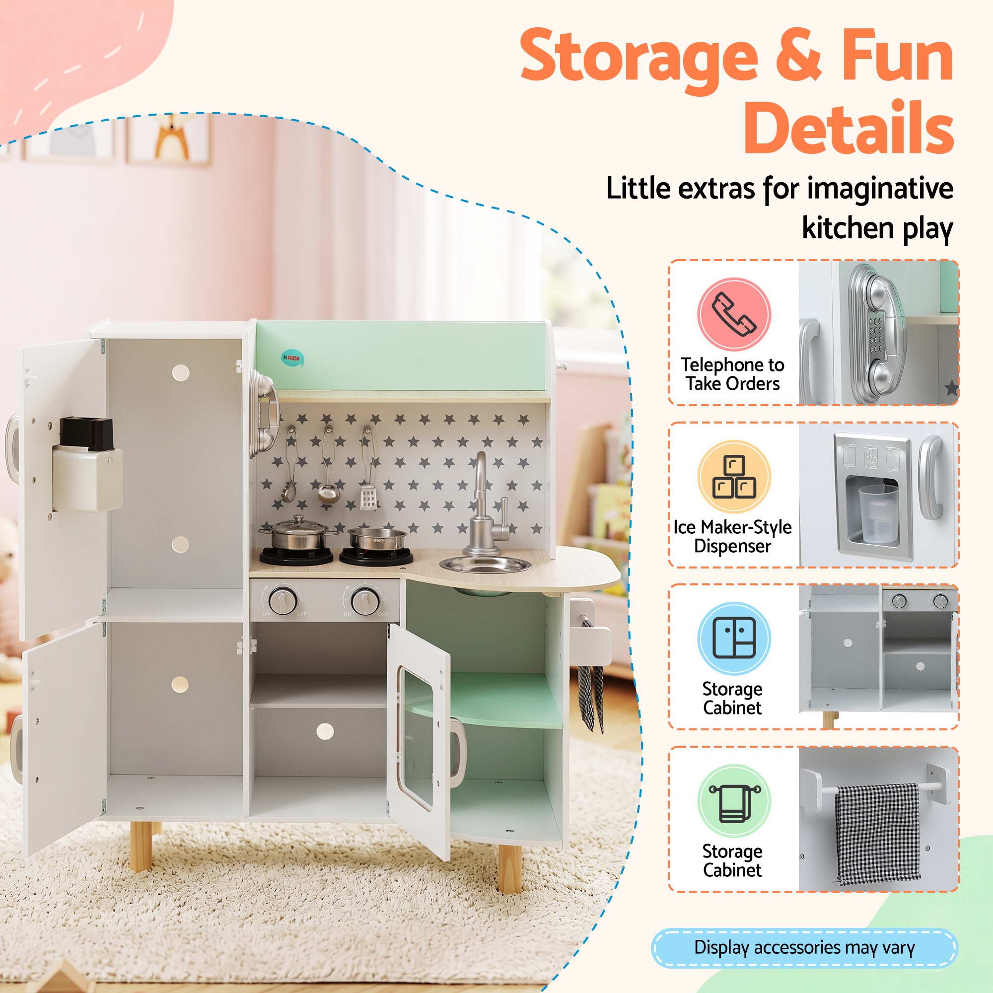 Keezi Kid Pretend Kitchen Wooden Play Sink Playset Dishwasher Toys Green