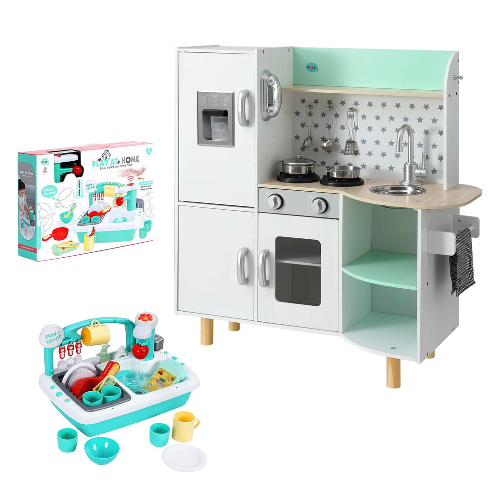 Keezi Kid Pretend Kitchen Wooden Play Sink Playset Dishwasher Toys Green
