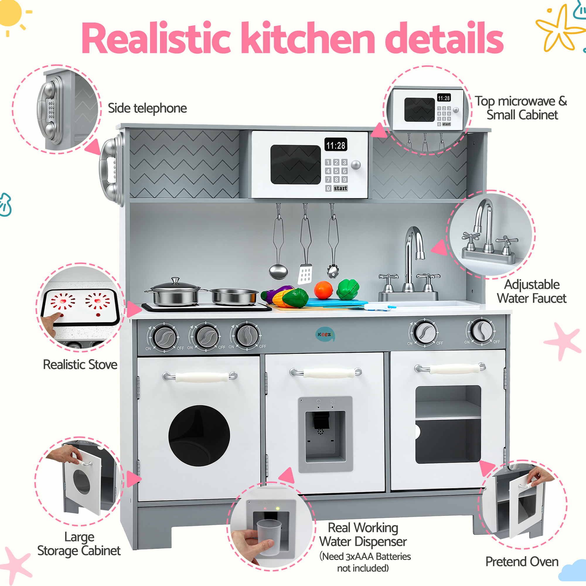 Keezi Wooden Play Kitchen Pretend Kitchen 82cm Kids Toy Food Set Grey