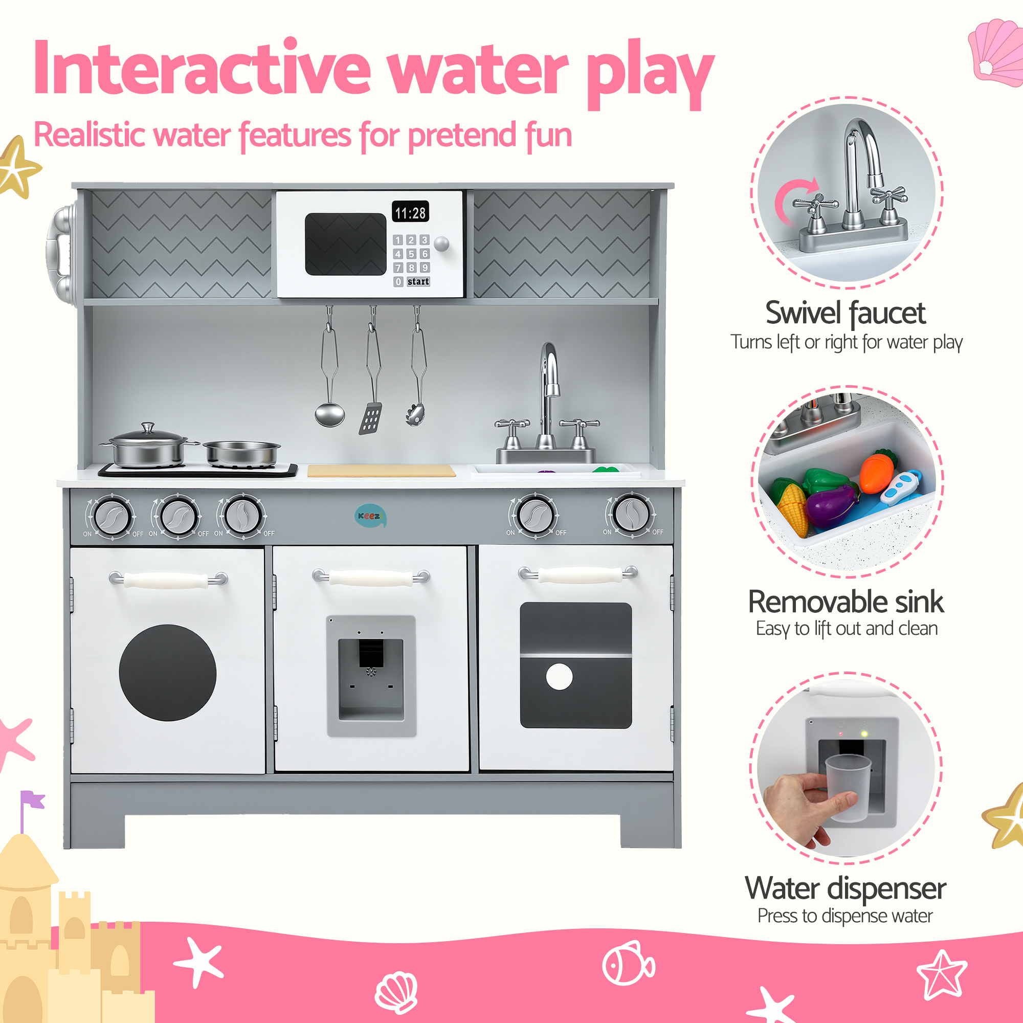 Keezi Wooden Play Kitchen Pretend Kitchen 82cm Kids Toy Food Set Grey