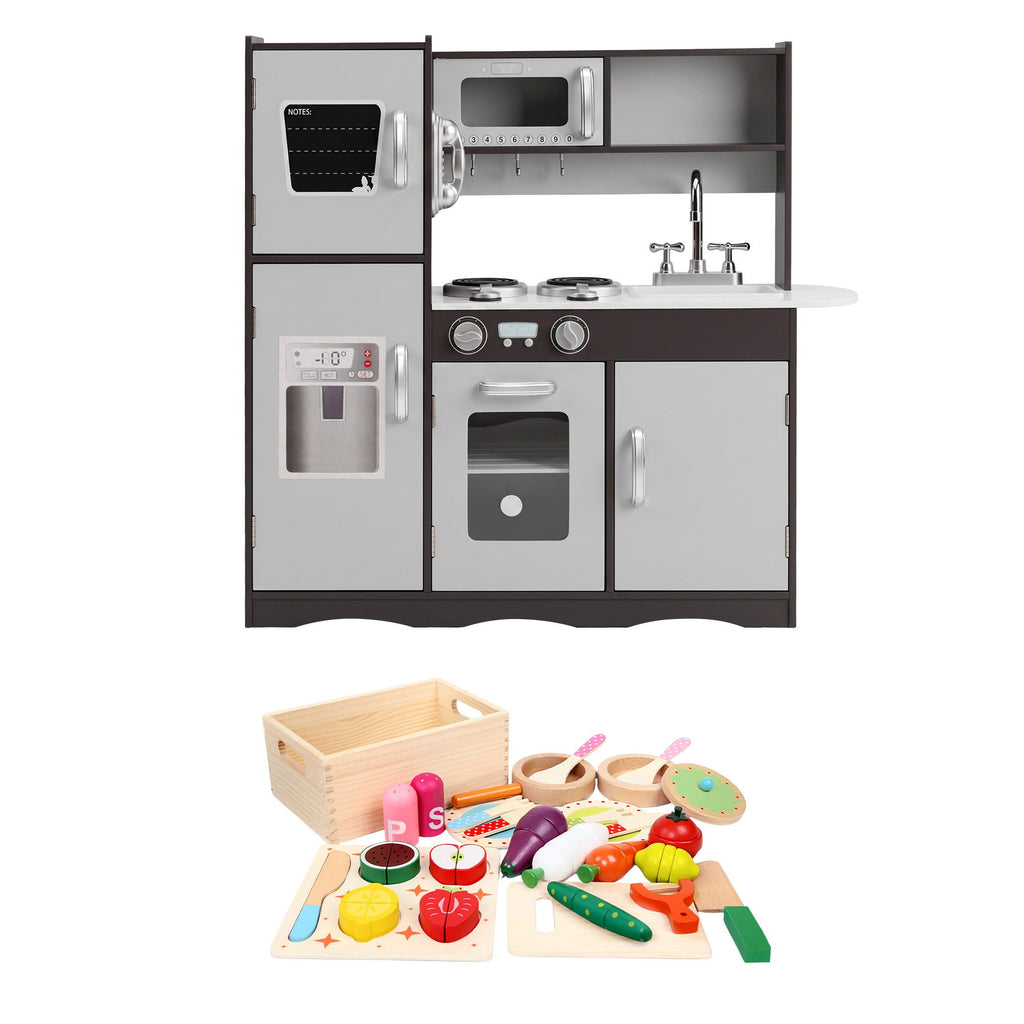 Keezi Kids Play Kitchen Pretend Toy Kitchen With Wooden Play Food Set