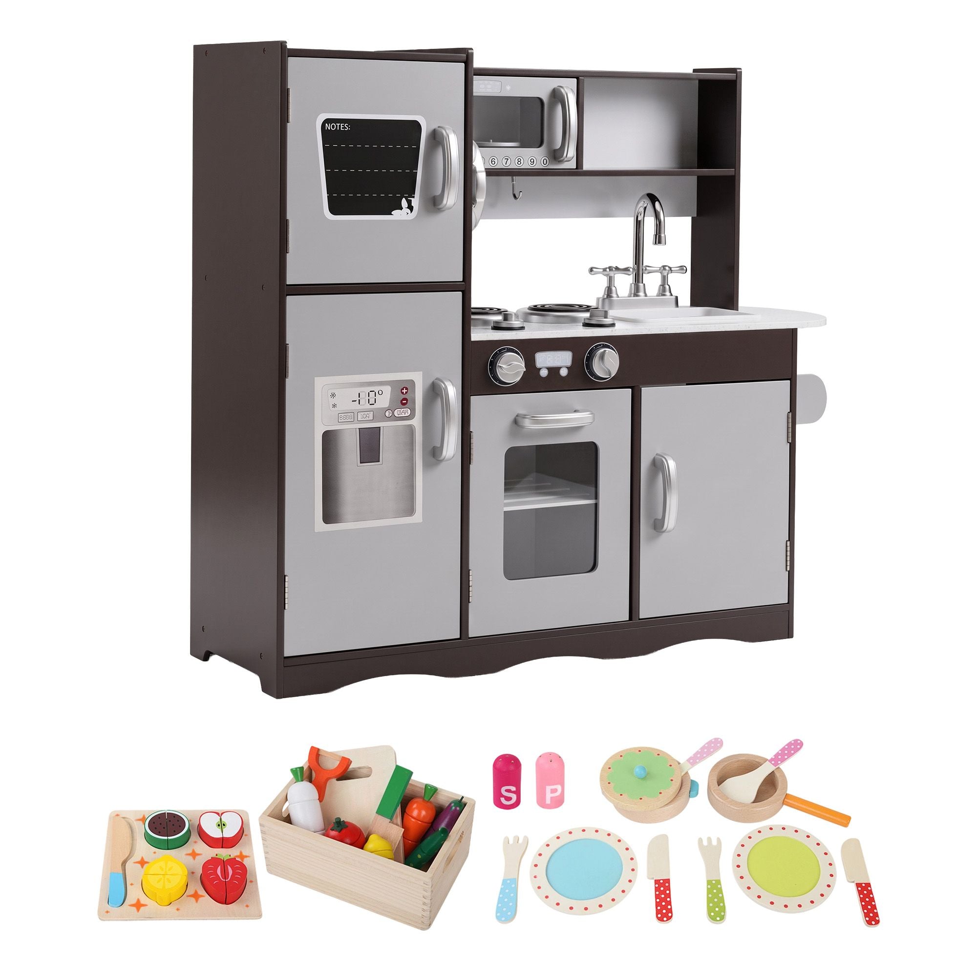 Keezi Kids Play Kitchen Pretend Toy Kitchen With Wooden Play Food Set