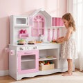 Keezi Wooden Kids Pretend Kitchen Playset with 29pc Food Set Pink White