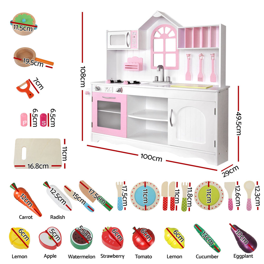 Keezi Wooden Kids Pretend Kitchen Playset with 29pc Food Set Pink White