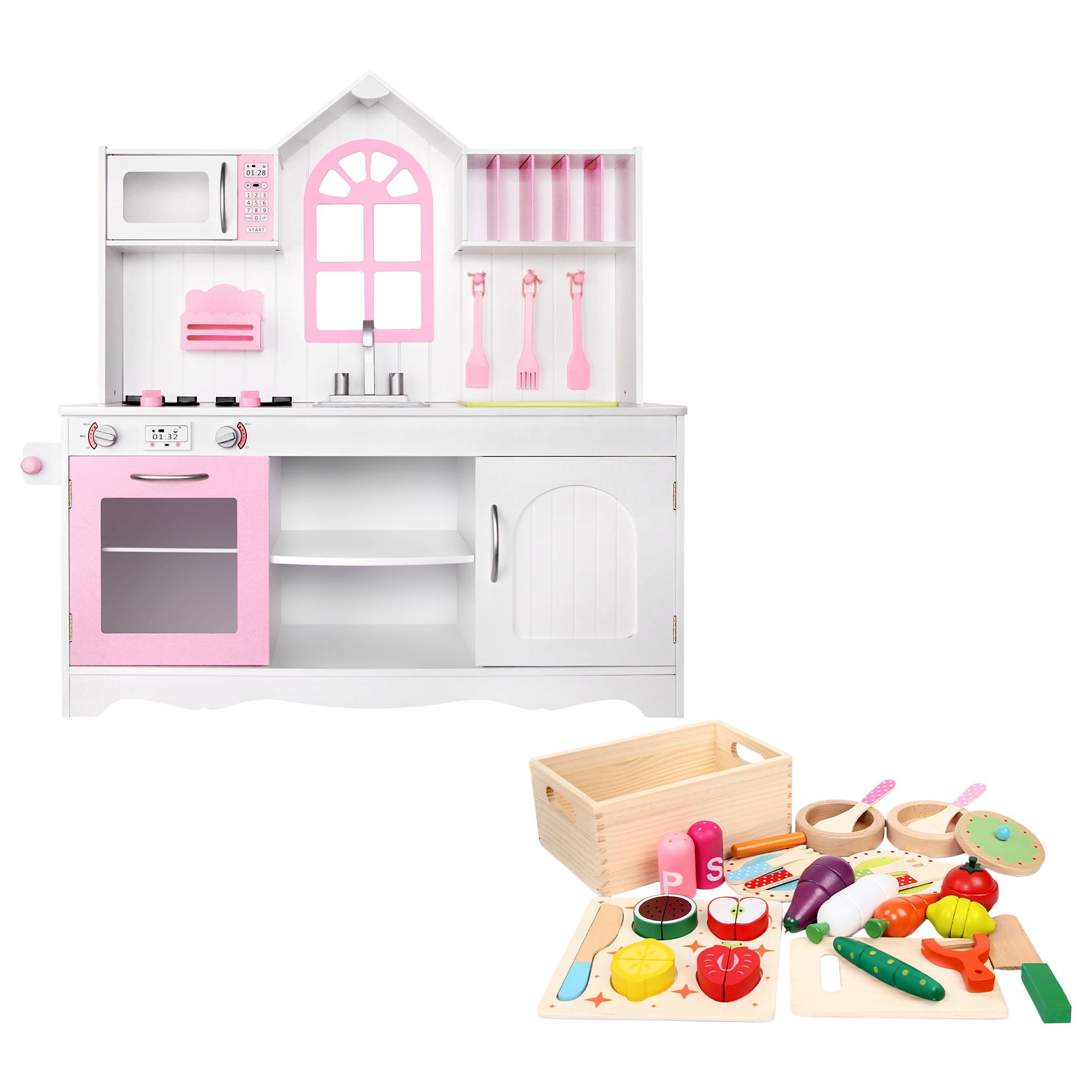 Keezi Wooden Kids Pretend Kitchen Playset with 29pc Food Set Pink White