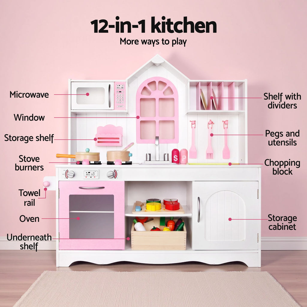 Keezi Wooden Kids Pretend Kitchen Playset with 29pc Food Set Pink White