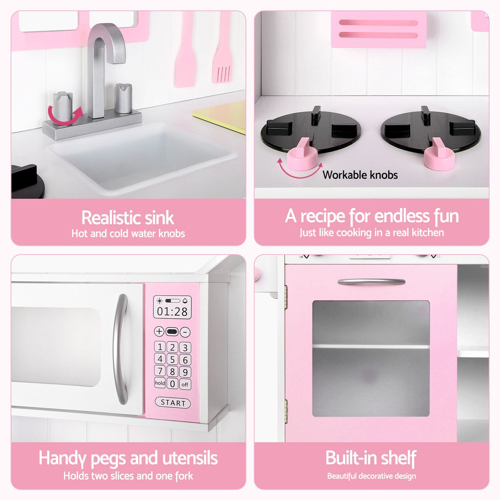Keezi Wooden Kids Pretend Kitchen Playset with 29pc Food Set Pink White